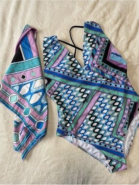 Authentic Emilio Pucci Vivara Print One Piece Swimsuit + Silk Scarf Set XL